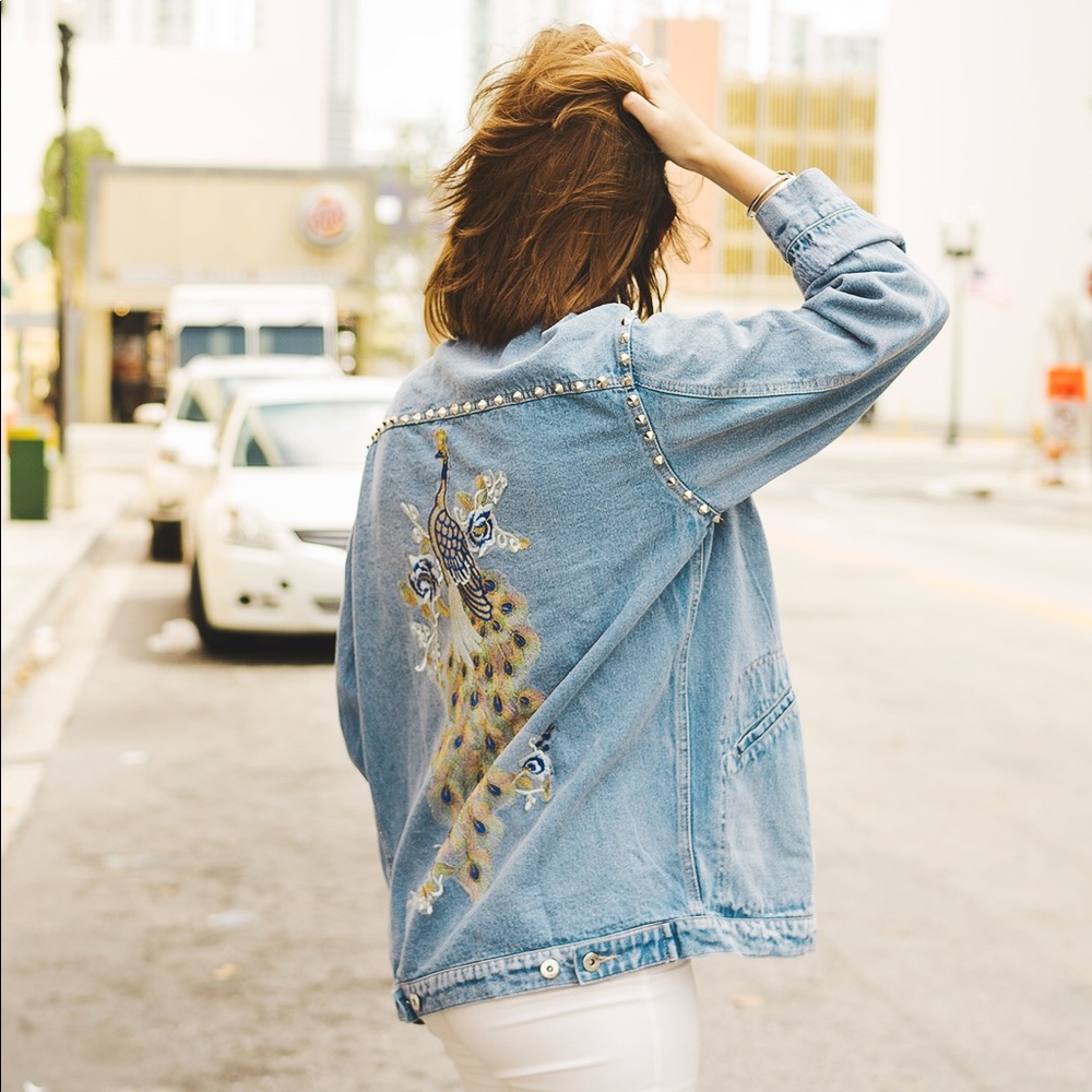 Denim Embroidered Studded Jacket - Picture 1 of 7